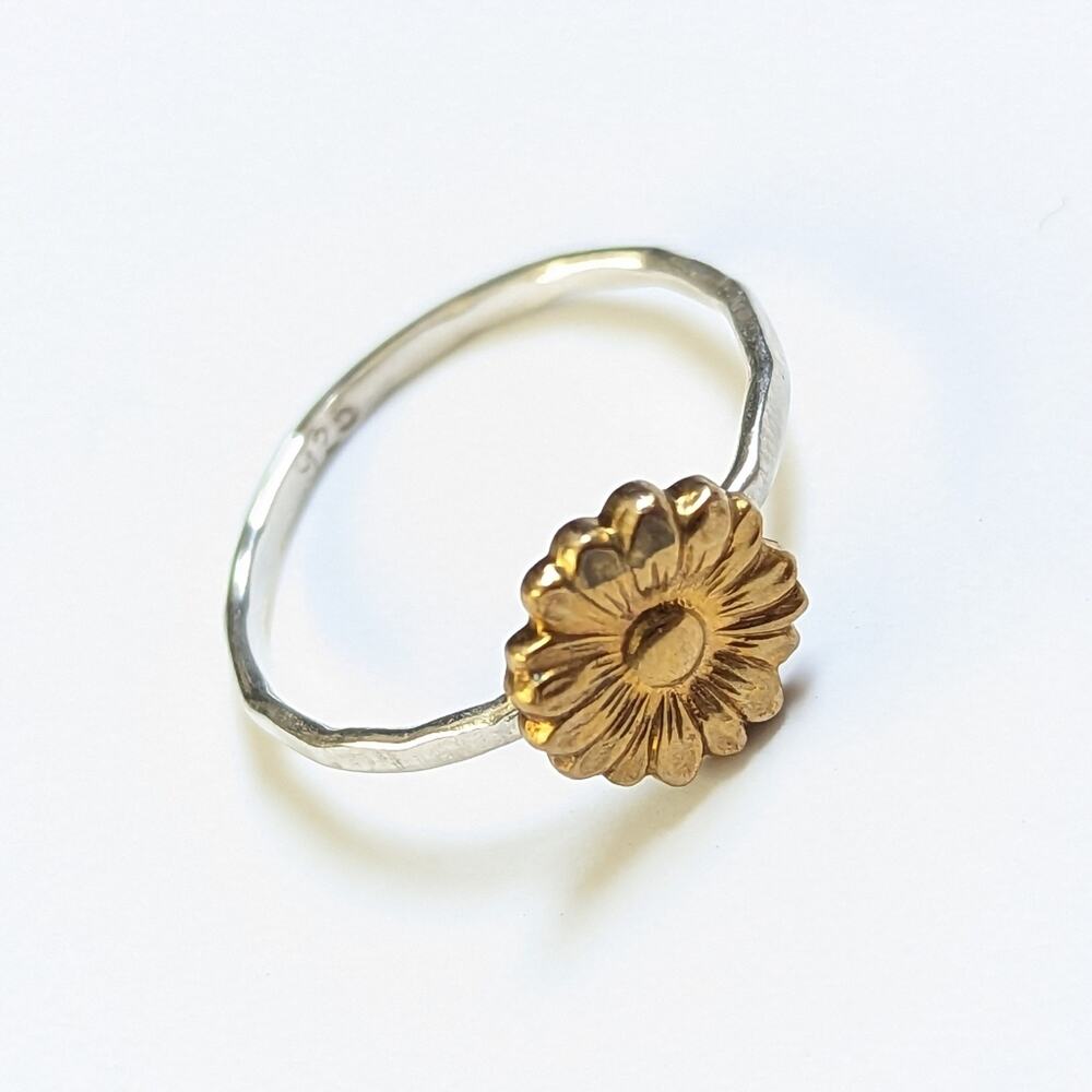925 Sterling Silver Artisan Dainty Sunflower Daisy Stackable Boho Ring